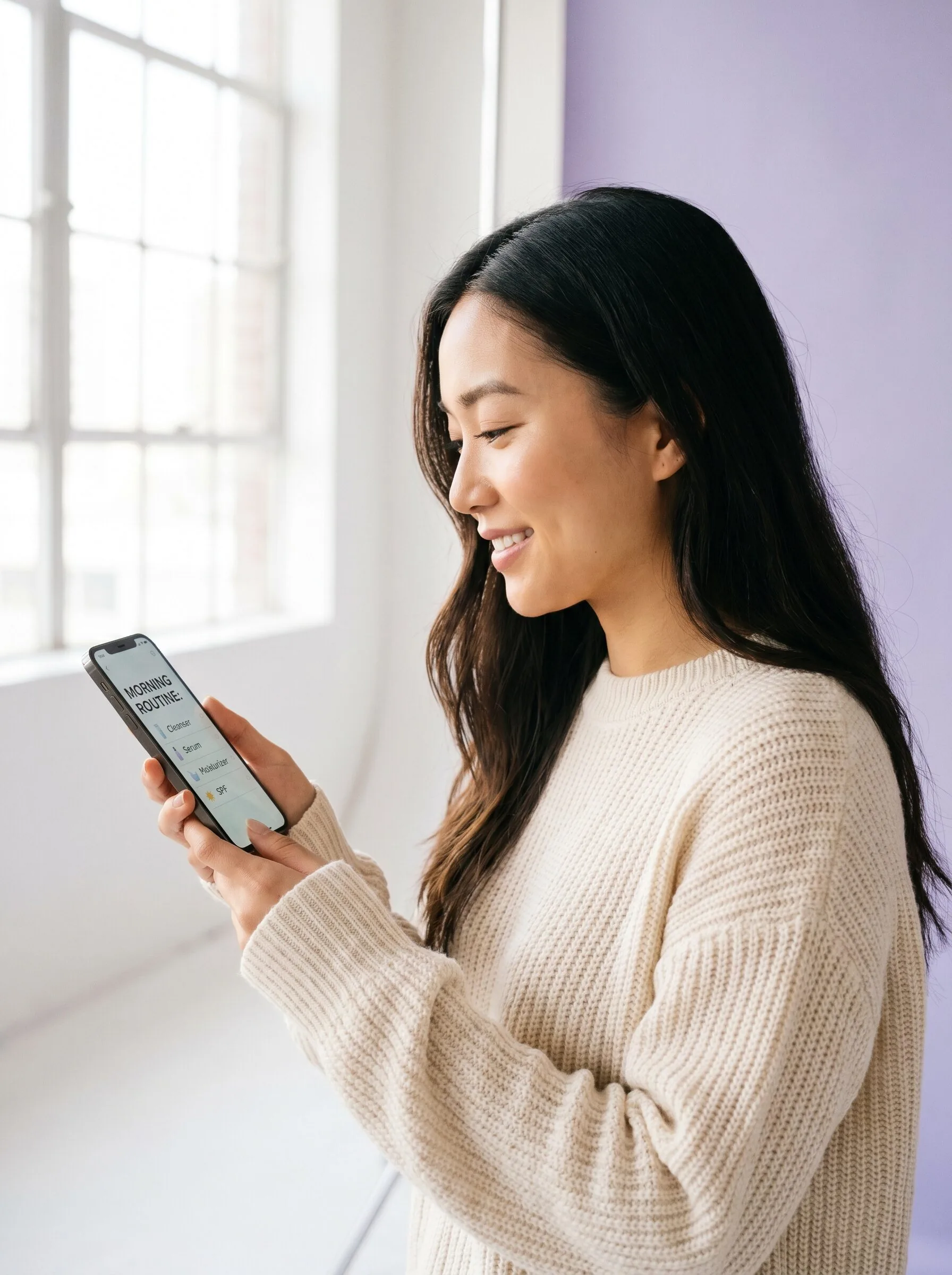 Woman smiling while checking her skincare routine on HadaBuddy